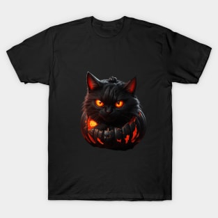 black cat inside a pumpkin for halloween T-Shirt